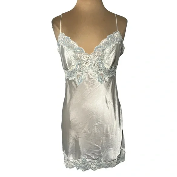 90’s Victoria’s Secret Silky Slip Dress Chemise Robe Set Bridal Set ivory blue L - Picture 3 of 11